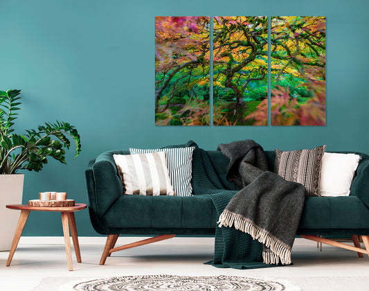 Green sofa with decorative pillows and a blanket in a living room with a colorful triptych photograph of a japanese maple on the wall.