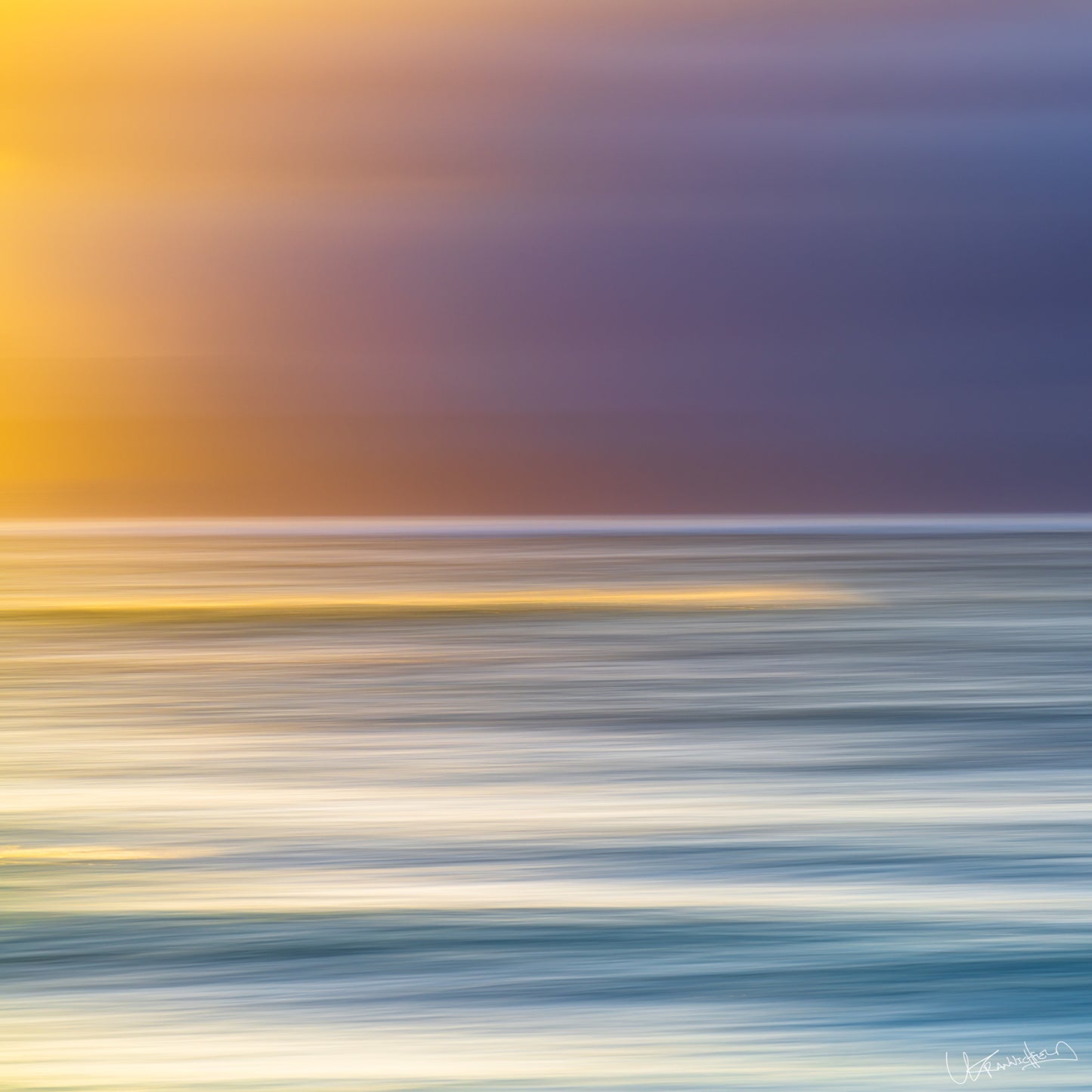 Abstract artwork with horizontal lines in yellow, blue, and purple