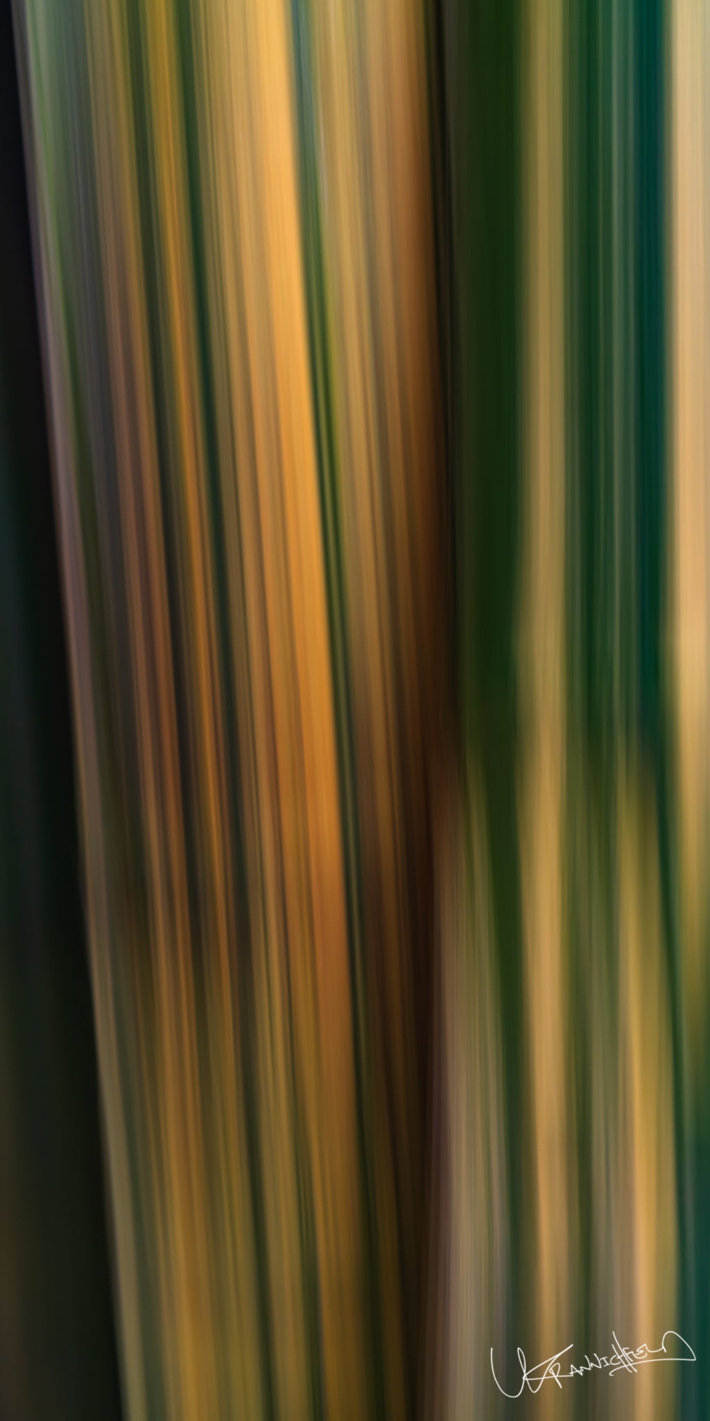 Abstract art with vertical stripes in green, brown, and yellow.