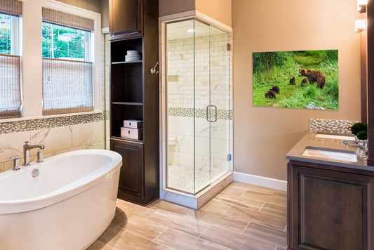 Bathroom with bathtub, shower, and vanity area.