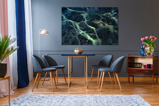 Modern dining room with abstract artwork on the wall