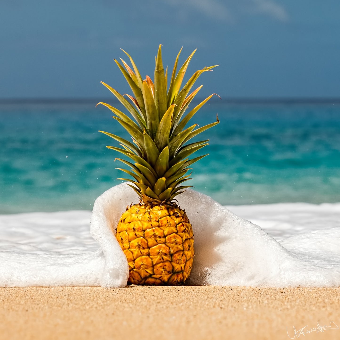 Pineapple on a beach with ocean waves in the background