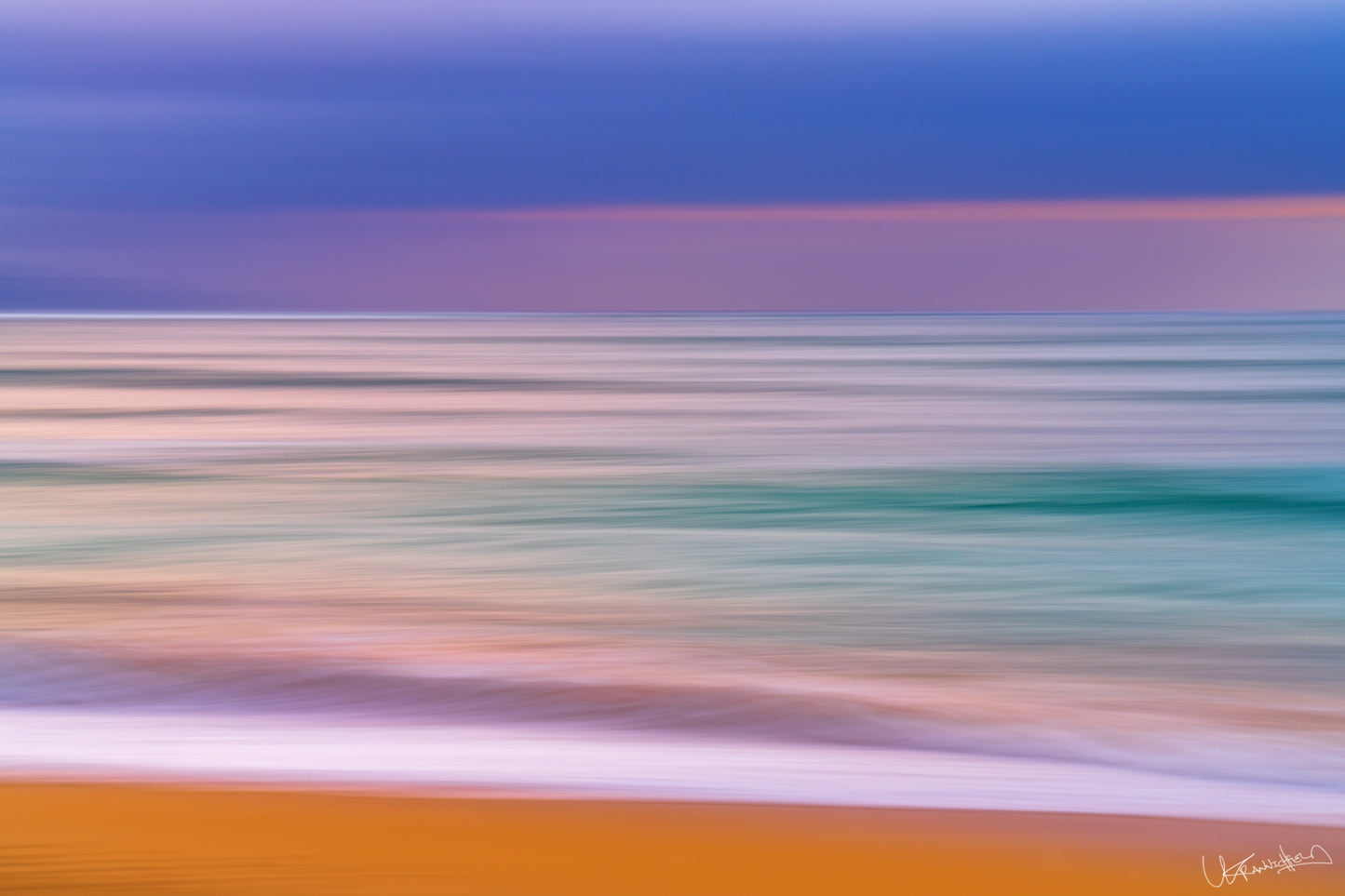 Abstract colorful landscape with horizontal lines in blue, green, and orange.