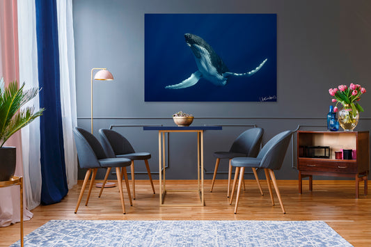 Dining room with a large whale photograph displaying an underwater scene, chairs, and a table.