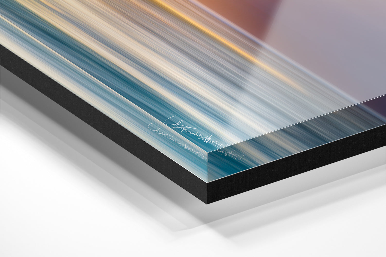 Close-up of a modern abstract painting with horizontal stripes in blue, white, and black on a white background.