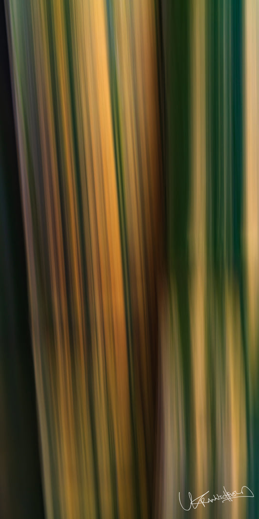 Abstract art with vertical stripes in green, brown, and yellow.
