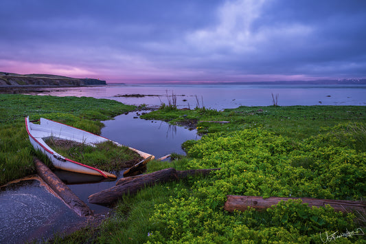 Boat on a grassy shore with a scenic sunset over water
