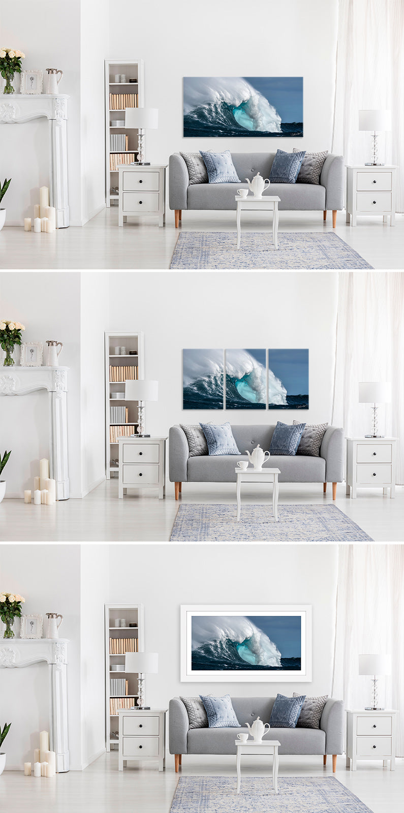 Living room with gray sofa, bookshelf, and wall art of ocean waves.