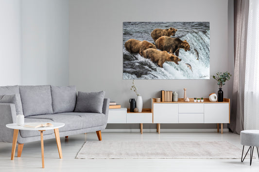 Living room with a large wall art of bears at a waterfall
