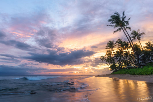 A vibrant image of a sunset over Ka'anapali beach with palm trees in the background, the sky is orange and pink with clouds.