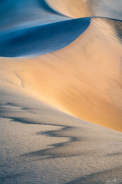 Desert landscape with winding sand dunes at sunrise