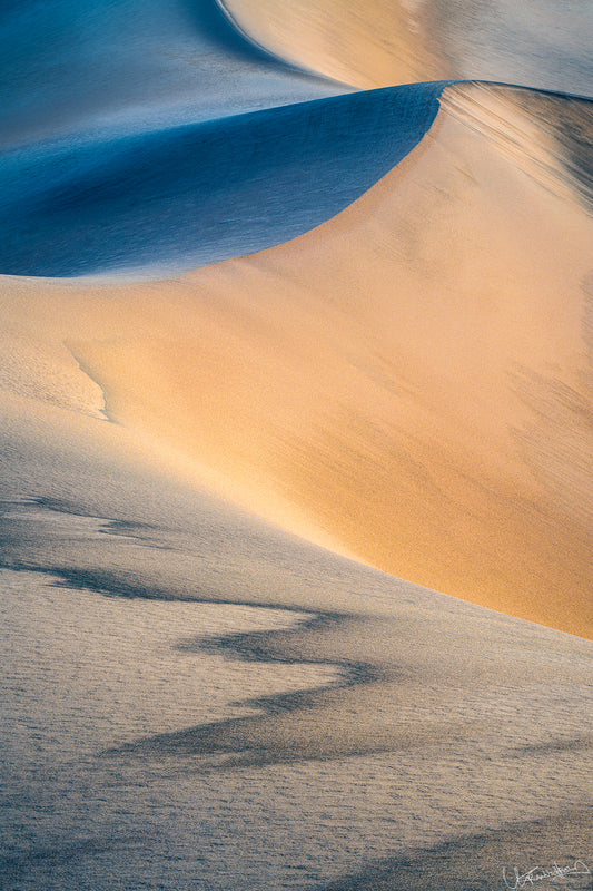 Desert landscape with winding sand dunes at sunrise