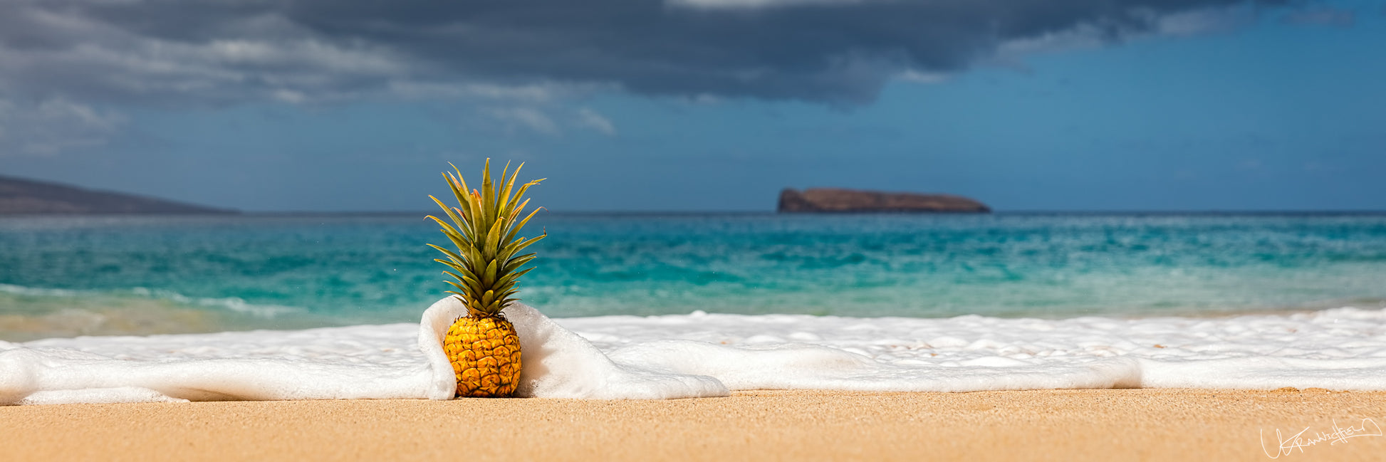 Pineapple on a sandy beach with ocean and sky in the background