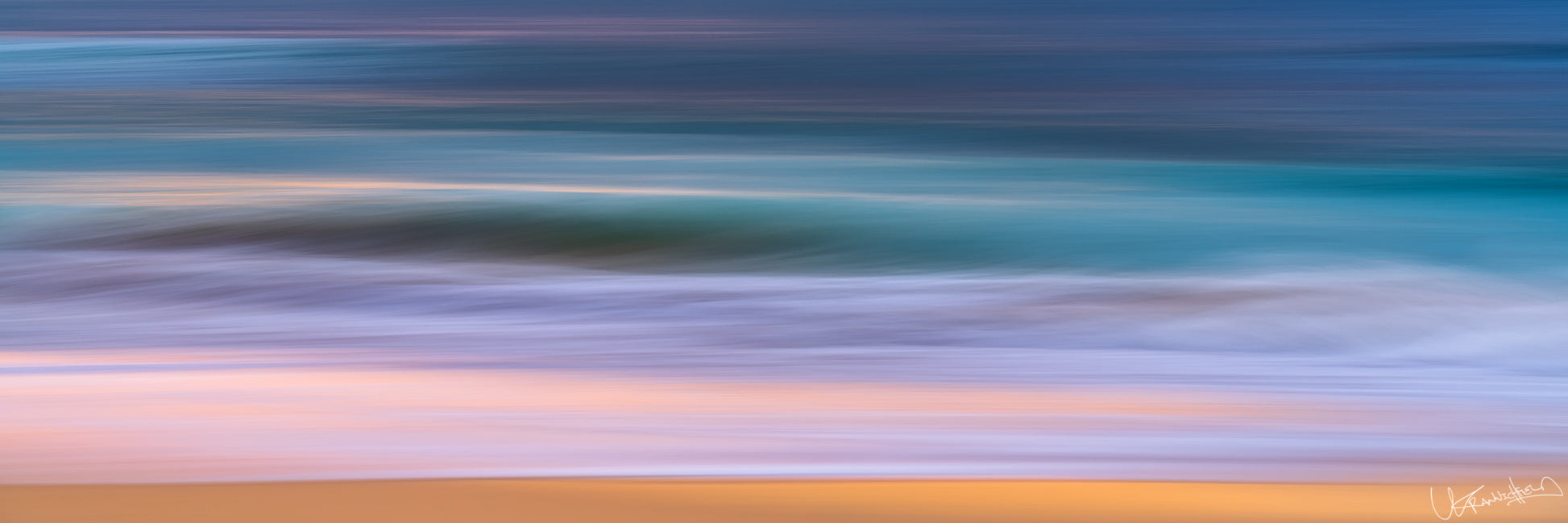 Abstract art with horizontal stripes in blue, green, and brown
