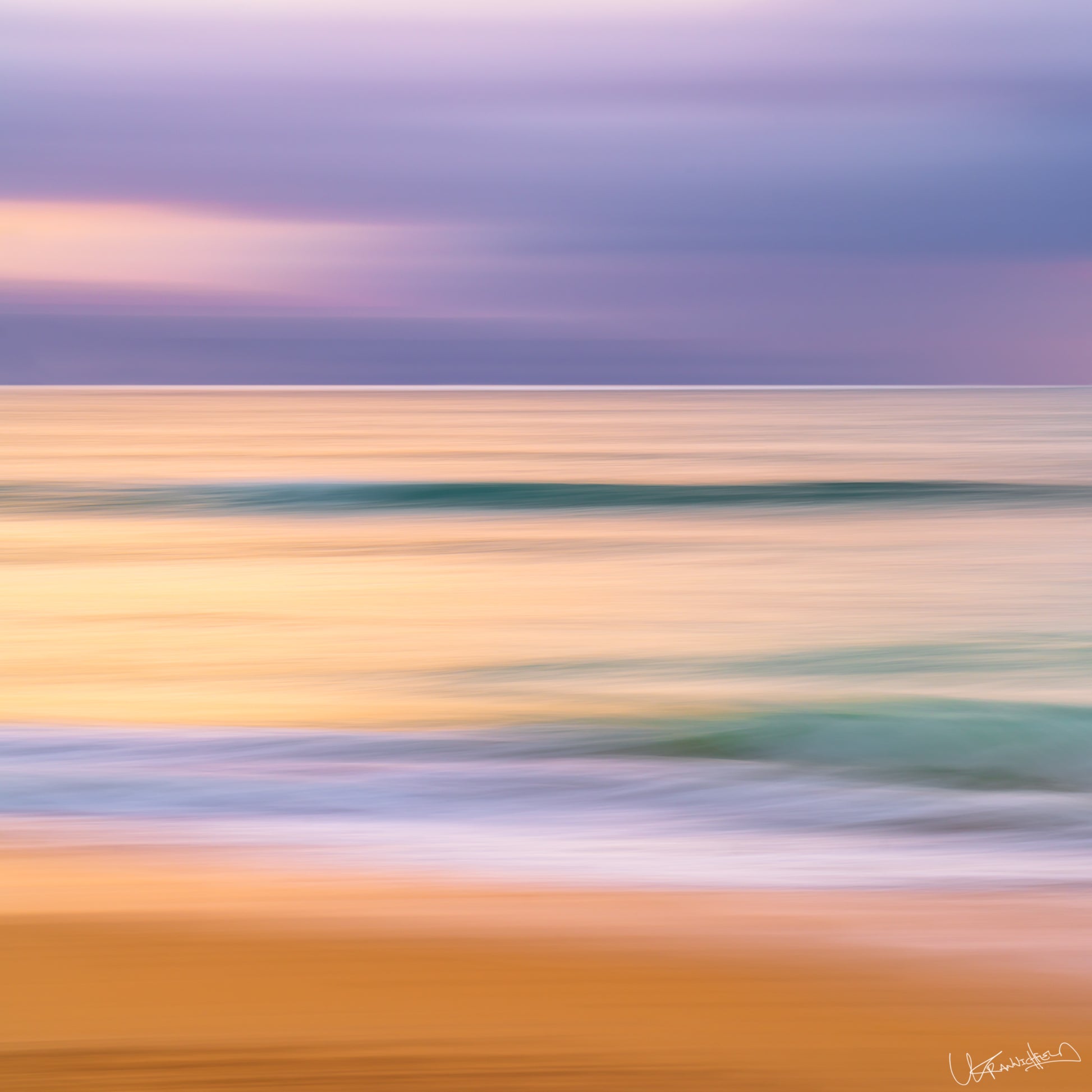 Abstract artwork with horizontal color streaks on a blurred background