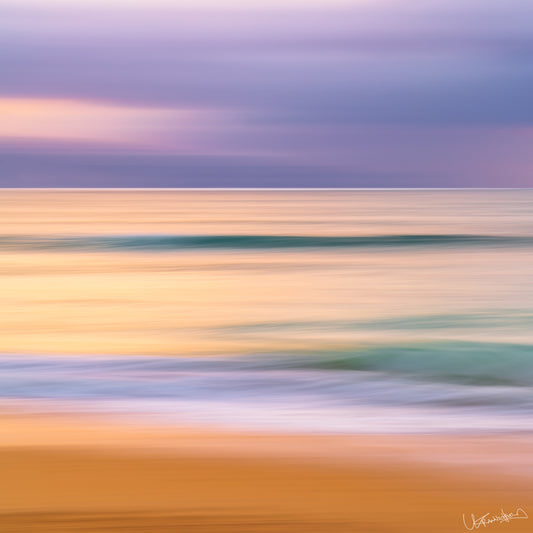 Abstract artwork with horizontal color streaks on a blurred background