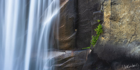 Waterfall cascading down rocky cliff face with greenery
