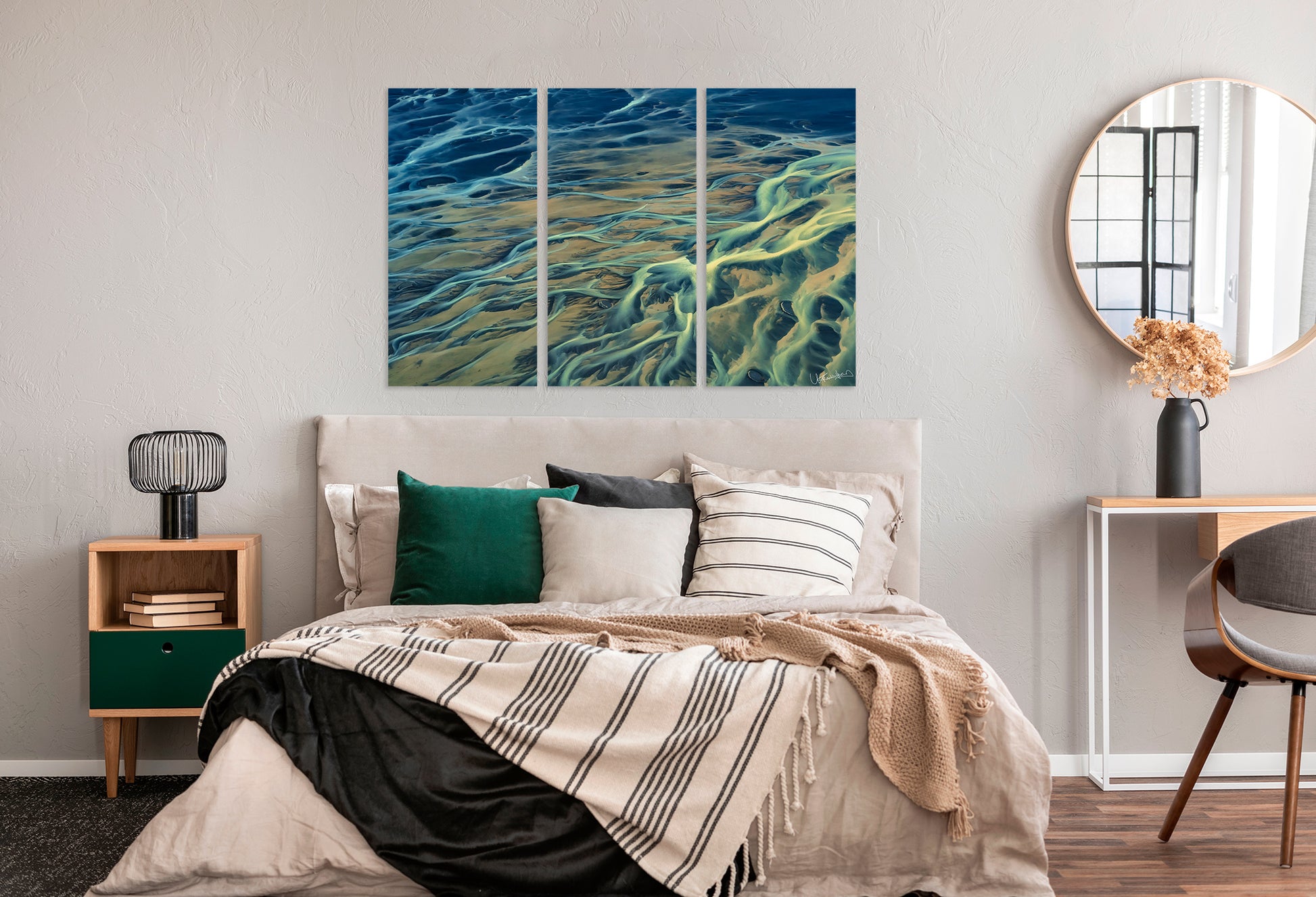 Bedroom with a large abstract wall art piece above the bed